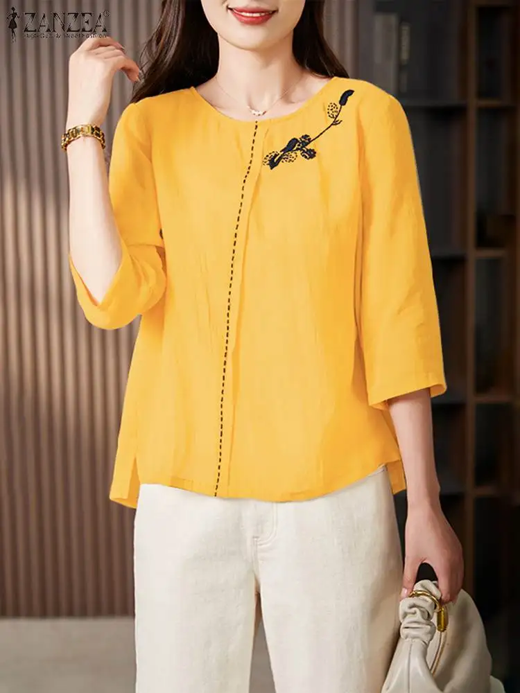 

Блузка ZANZEA женская с вышивкой, повседневная однотонная туника свободного покроя, с рукавом 2024 и Боковым Разрезом, элегантная Винтажная с круглым вырезом, лето 3/4