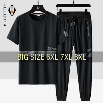 Men T Shirt Suit Pants 2 Piece Set Oversize 6XL 7XL 8XL Plus Size Short Sleeve Black T-shirts Summer Fashion Loose Dropshipping