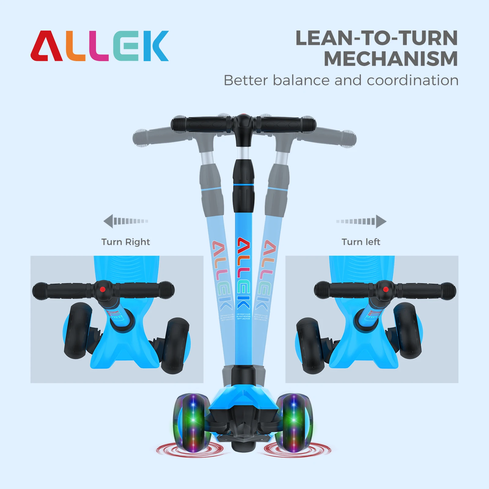 Allek Kick Scooter Aqua Blue 3-Wheeled Push Children Scooter with PU Light-Up Wheels Ajustable Height for Children Kids 3-12yrs