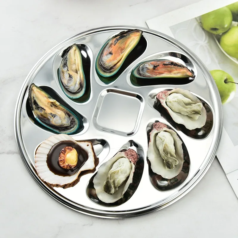 Stainless steel plates Stainless Steel Escargot Plates with 12 Compartment Holes with Escargot Tong Fork 8 Slots Oyster Grill Pan Center Slot