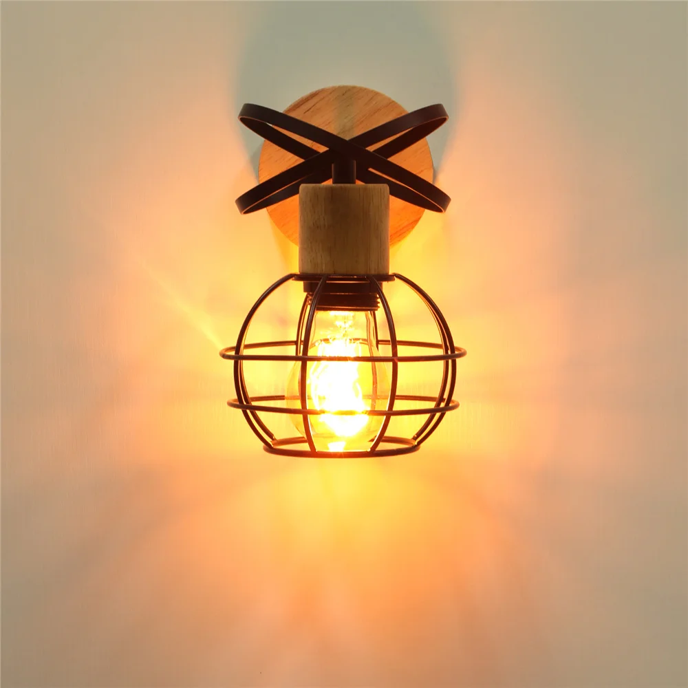

Industrial Retro Wood LED Wall Lamps Iron Cage Vintage e27 Wall Light Fixture Bedroom Bedside Stair Aisle Corridor Porch Sconce
