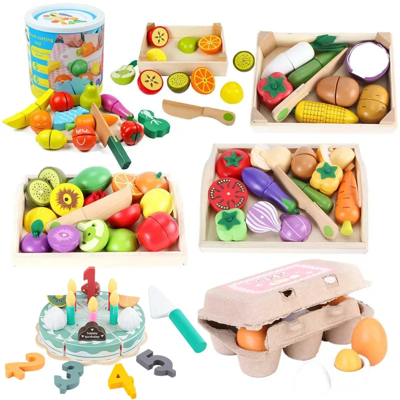Kids Wooden Play Food Toy Cutting Fruit Vegetable Set Pretend Kitchen Accessories Playset for Children Gift Early Education Toys