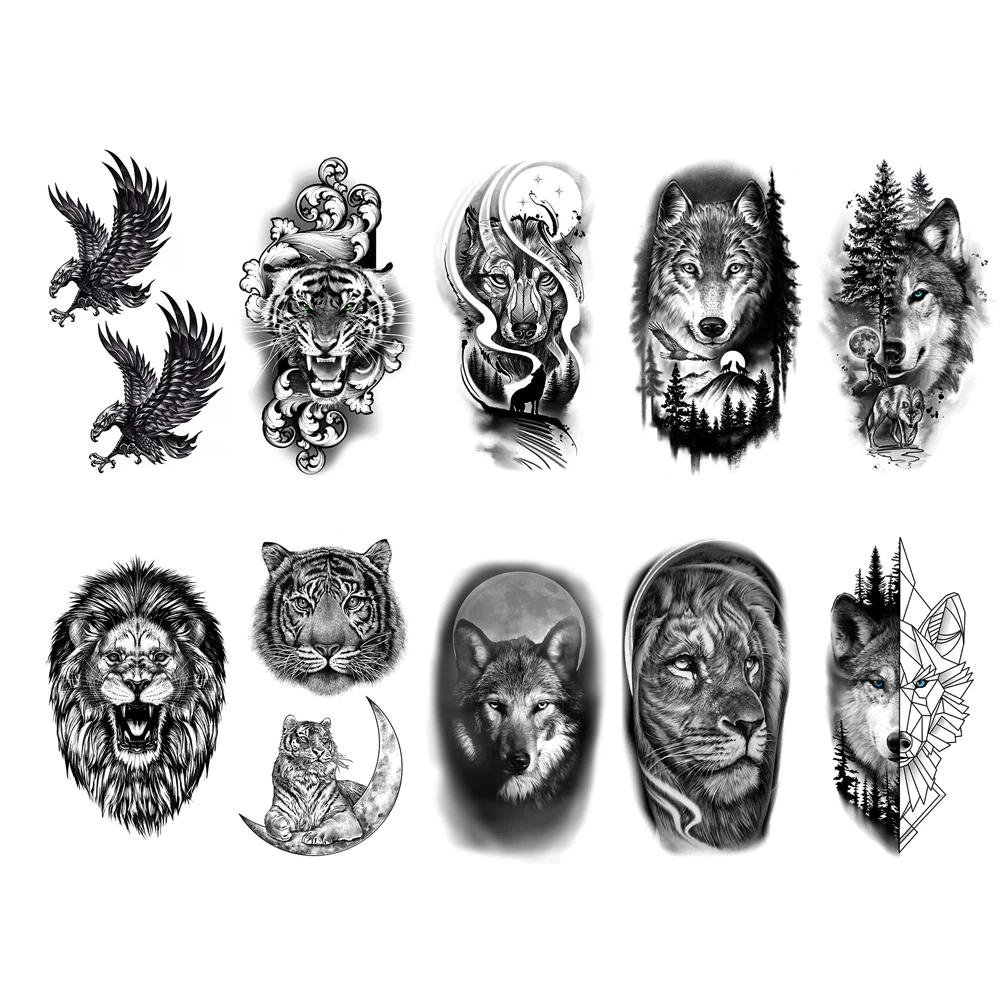 10pcs Waterproof Temporary Tattoo Sticker Dark Wolf Lion Tiger Eagle Snake Deer Skeleton Scorpion Body Art Arm Tattoo Women Men 4
