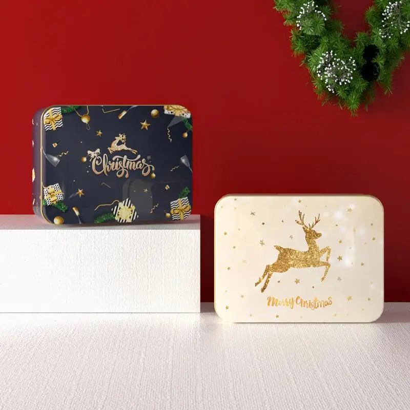1pc Christmas Tinplate Candy Tin Can Metal Box Cartoon Elk Santa Claus Letter Printed Xmas Candy Cookie Tea Storage Gift Case