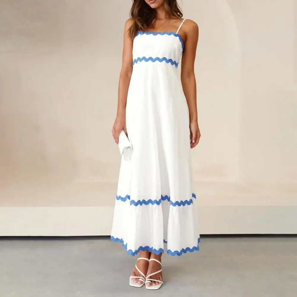 

Striped Contrasting Colors Dress Sling Dress Elegant Women's Striped Maxi Dress with Sleeveless Bandeau Ruffle Hem for Party
