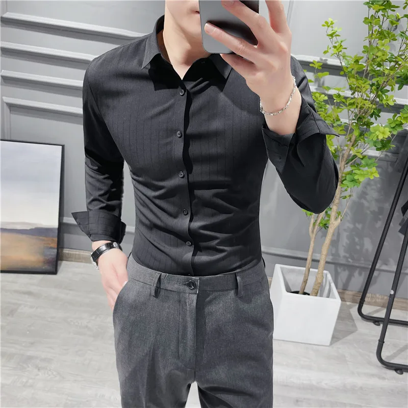 2022 High Quality Summer Long Sleeve Striped Shirts For Men Clothing Simple Luxury Slim Fit Business Casual Formal Wear Blouses