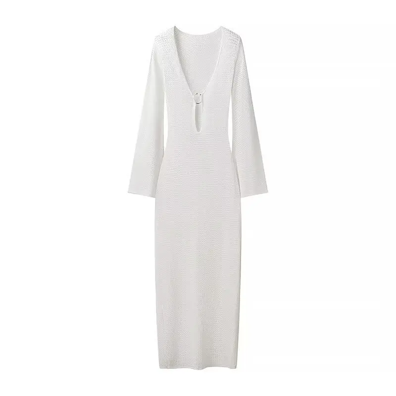 Vestido de otoño de punto calado para mujer, transparente, con escote en V, sin espalda, informal, para playa, vacaciones, maxivestido de punto, vestido de mujer nuevo