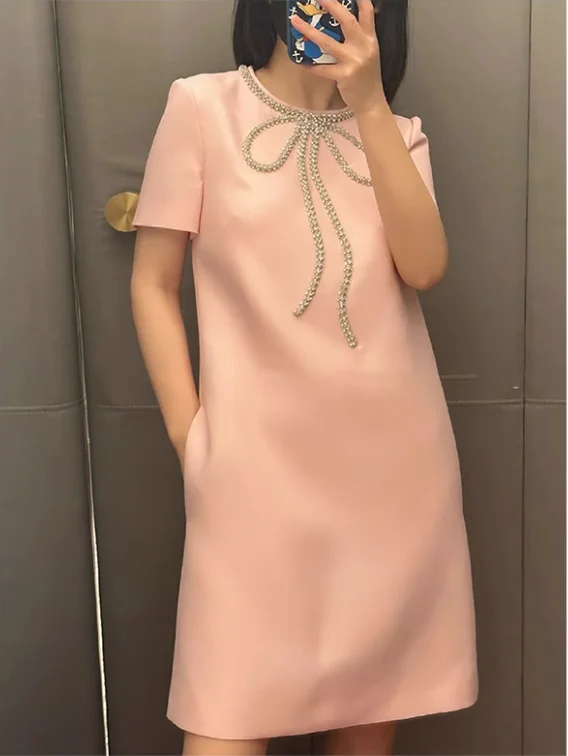 Fashion Short Dress Hotsweet Diamond Beading Bow Solid Color O Neck Elegant A-line Dresses Women 2025 Spring Summer 23A9653