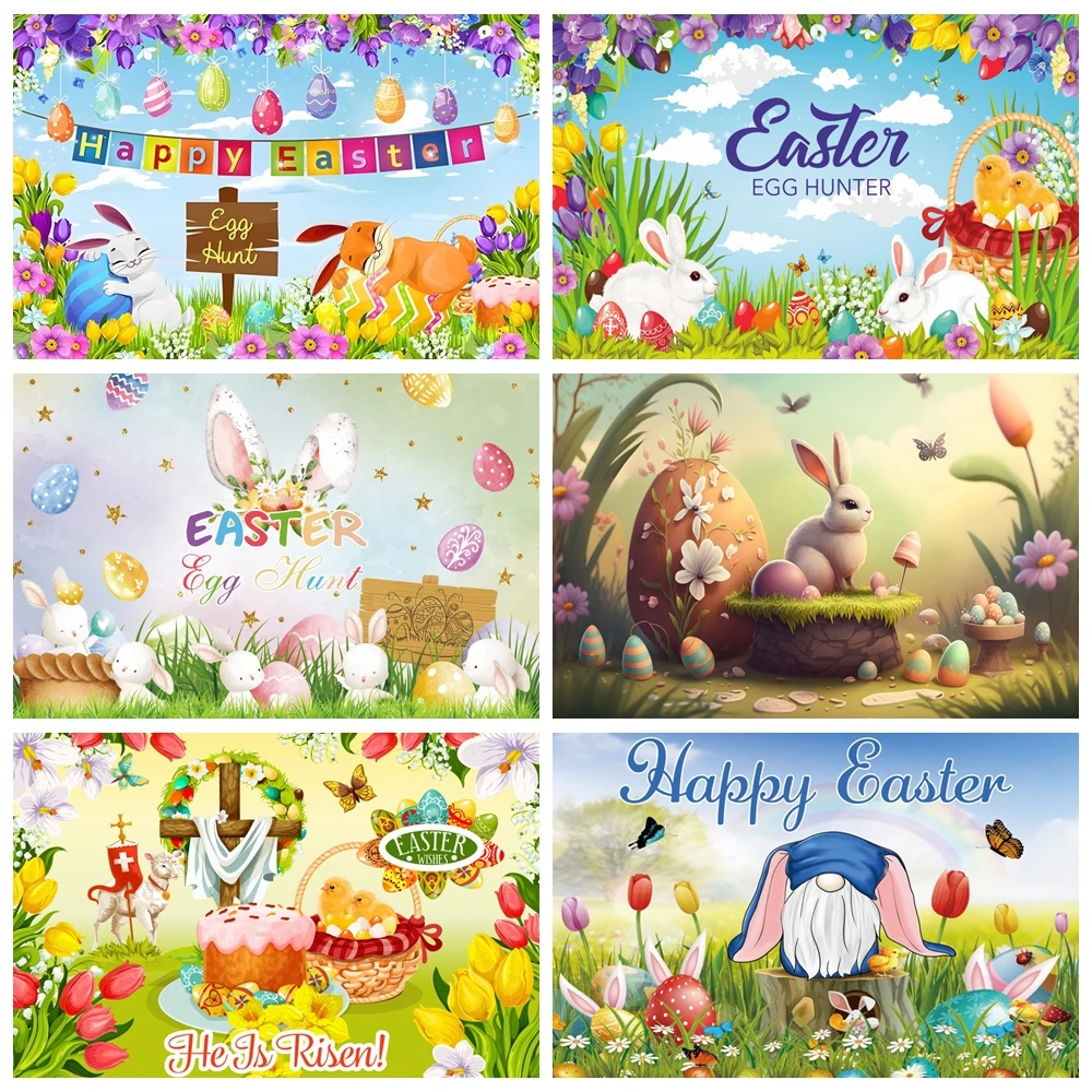 

Happy Easter Backdrop Spring Garden Cartoon Rabbits Eggs Flowers Green Grass Bunny Easter Baby Portrait Photography Background