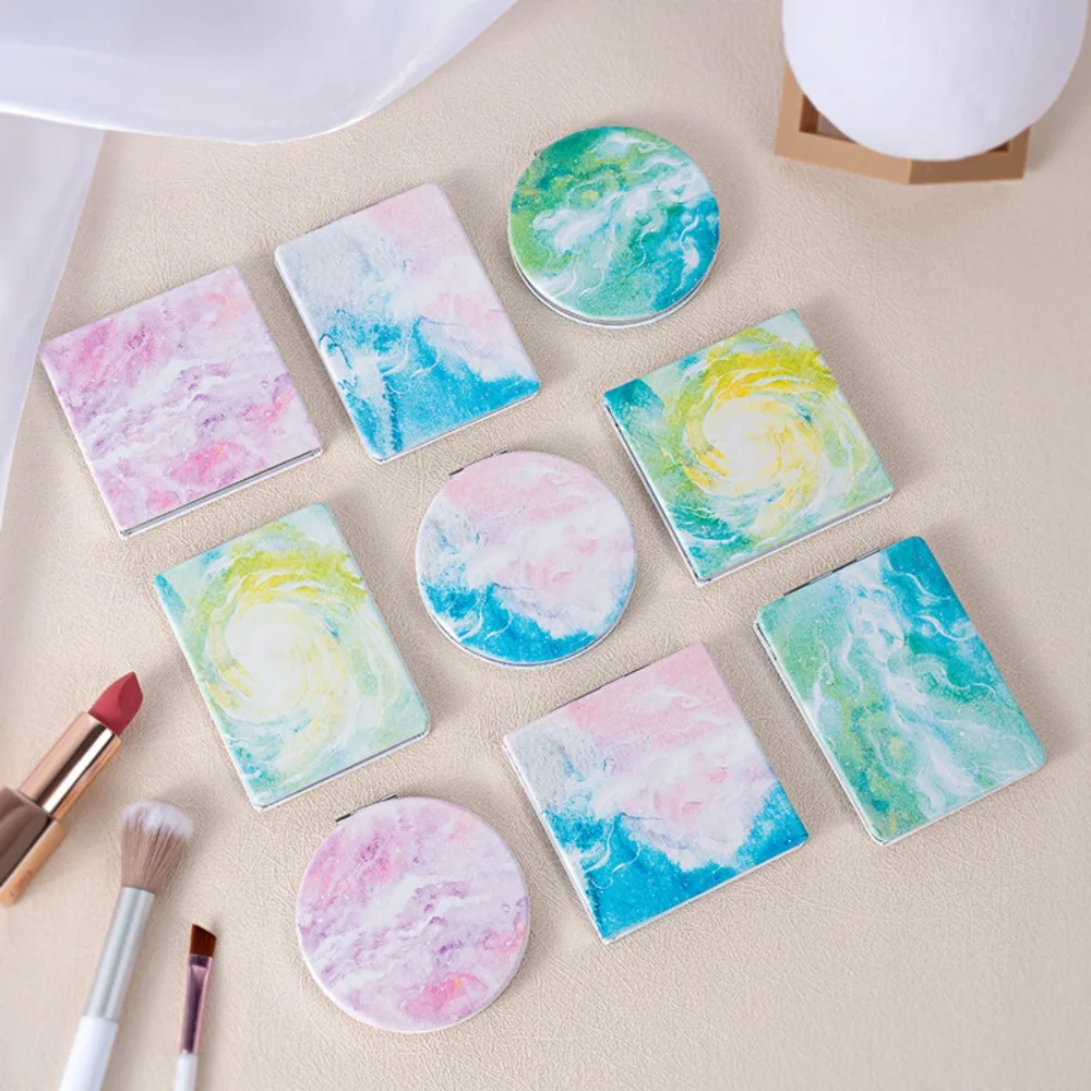 

PU Surface Makeup Mirror Aluminum Mirror Watercolor Dreamy Print Handheld Small Mirror Folding Circular/Rectangular