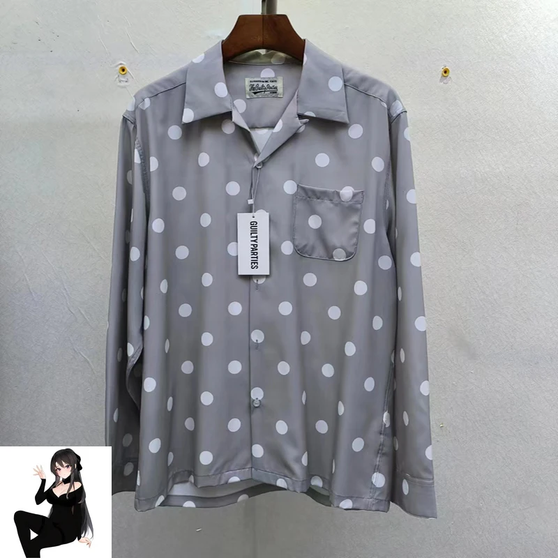 Round Spot Print WACKO MARIA Black Gray Shirt Hawaii Beach Men Women High Quality Loose Long Sleeve Clothes Blouse Tops