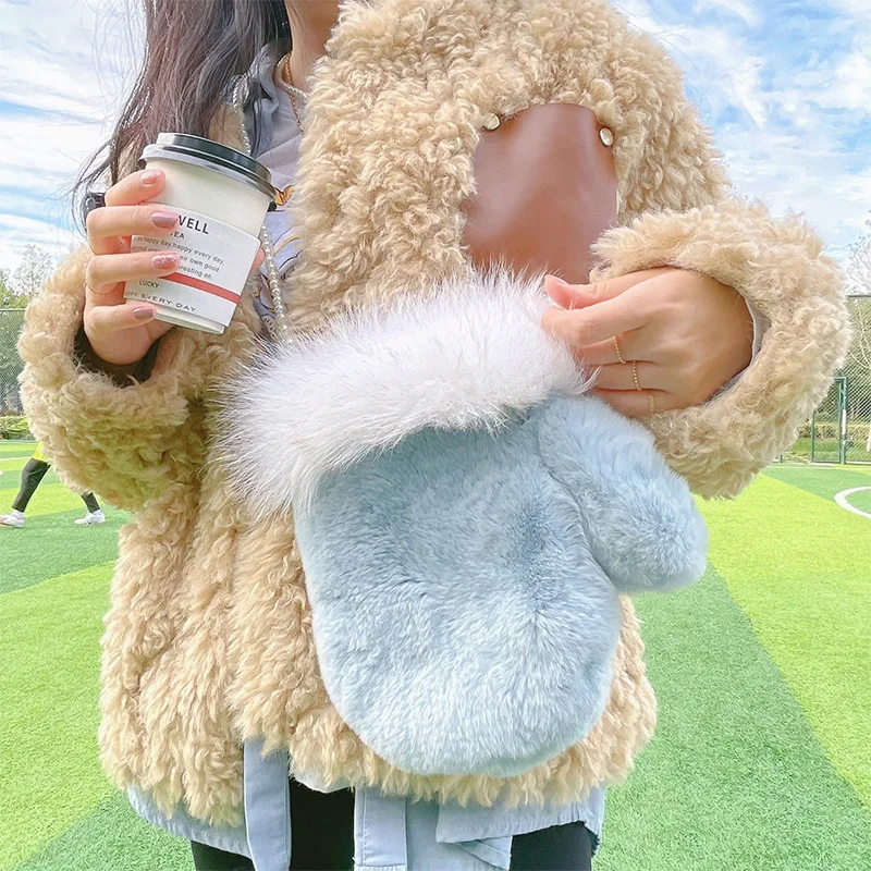 Fall Fashion Mobile Phone Bag Designer High-Grade Natural Rex Rabbit Fur Ladies Large Capacity Shoulder Purse Luxury Fur Bag