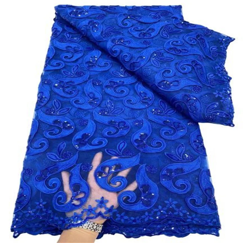 

African Wedding Lace Fabric Embroidered Nigerian Lace Fabrics Royal Blue High Quality French Tulle Lace Fabric With Sequins