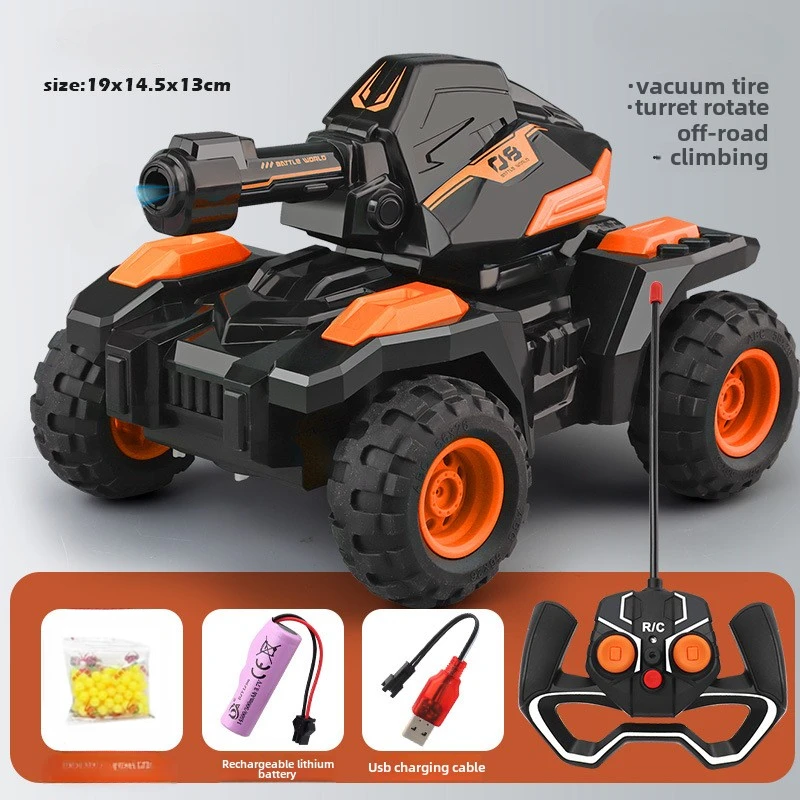 Char RC télécommandé bleu avec tourelle rotative et canon à billes sur fond blanc