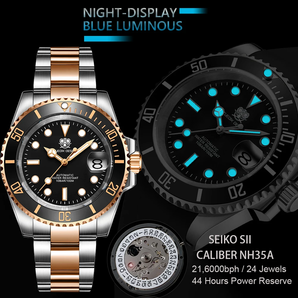 Tuedix 41Mm Orologi Da Polso Meccanici Da Uomo Seiko Nh35 Orologi Da Polso Da Lavoro Di Moda Luminosi Blu 100M Orologi Resistenti All'Acqua Regali