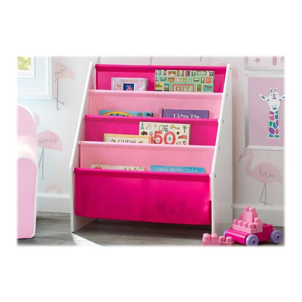 Kids Sling Book Rack Organizer 4 Tier Fabric Storage Bookshelf Children Wood Frame Bianca White Easy Access Book Storage 4