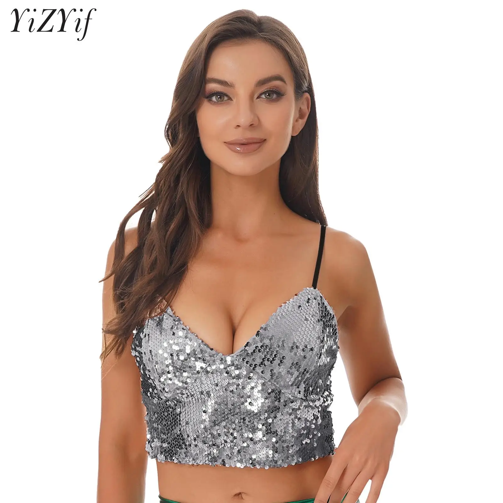 

Женский Блестящий кроп-топ на бретелях-спагетти, блестящий Блестящий женский топ для латиноамериканских джазовых костюмов, женский жилет для ночного клуба, уличная одежда Y2K