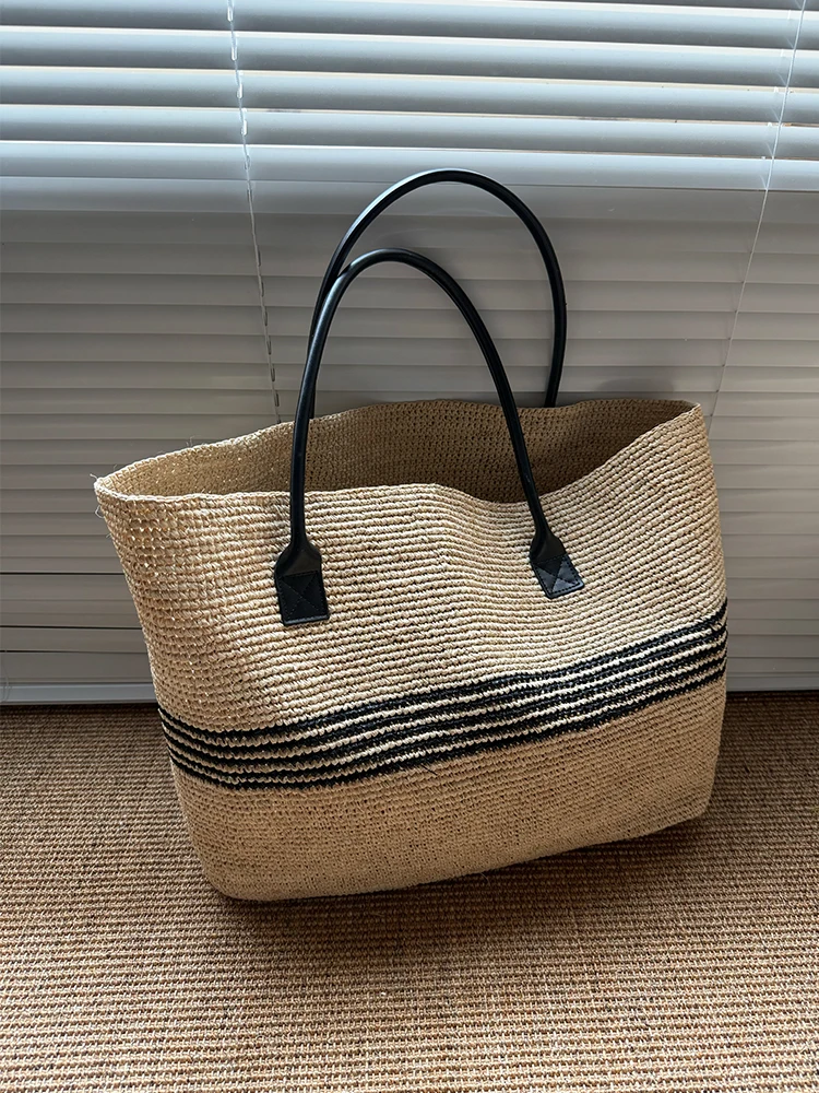 Stripes Lafite Straw Weave Tote Bags For Women Luxury Designer Handbags And Purses New Casual Letter Large Capacity Shoulder
