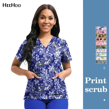 Hot Sales Nursing Scrubs Top Women Working Uniform Blouse Short Sleeve V-neck Printing Uniform Clothes Nurses Accessories Unisex