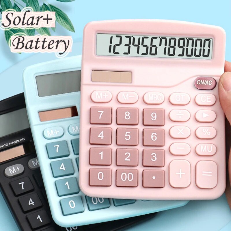 Office Calculators Desktop Student Solar Panel Calculator, 12-Digit Dual Power Cute Calculator with Large LCD Display Big Button
