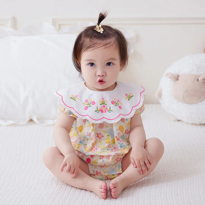 

2023 Spanish Newborn Baby Girls Rompers For Summer Kids Turkish Embroidery Floral Printed Bodysuits Children 1st Birthday Outfit
