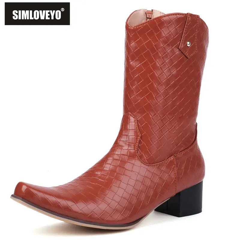 

SIMLOVEYO Women Mid Calf Boots Square Toe Chunky Heels 4.5cm Slip On Plaid Large Size 47 48 49 50 Leisure Female Western Booties