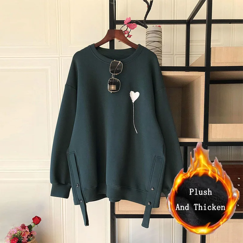 Casual Autumn Winter Plus Size Sweatshirts Regular/Plush and Thicken Crew Neck Love Heart Print Patchwork Button Long Sleeve Top