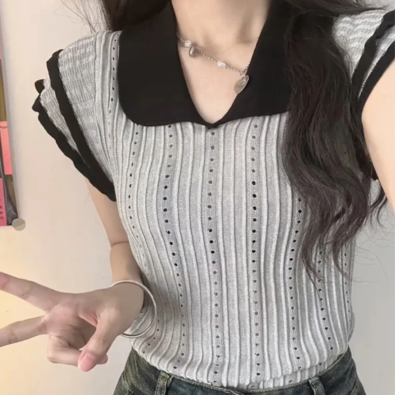 

Summer Knitted Elegant Chic Mesh Ruffles Women Polo T Shirts Fashion All-match Casual Slim Tops Harajuku Oversized 2023 Clothes