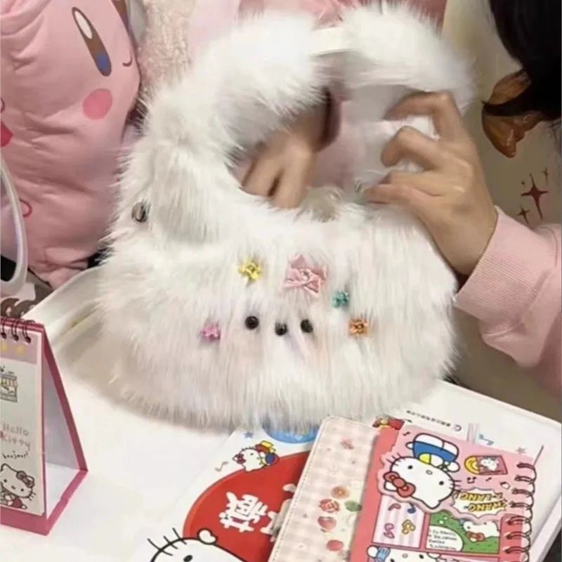 JIAERDI Harajuku Aesthetic White Hand Bag Wallet Women Plush Chic Handle Casual Crossbody Bags Female Sweet Cute Y2k Handbag New