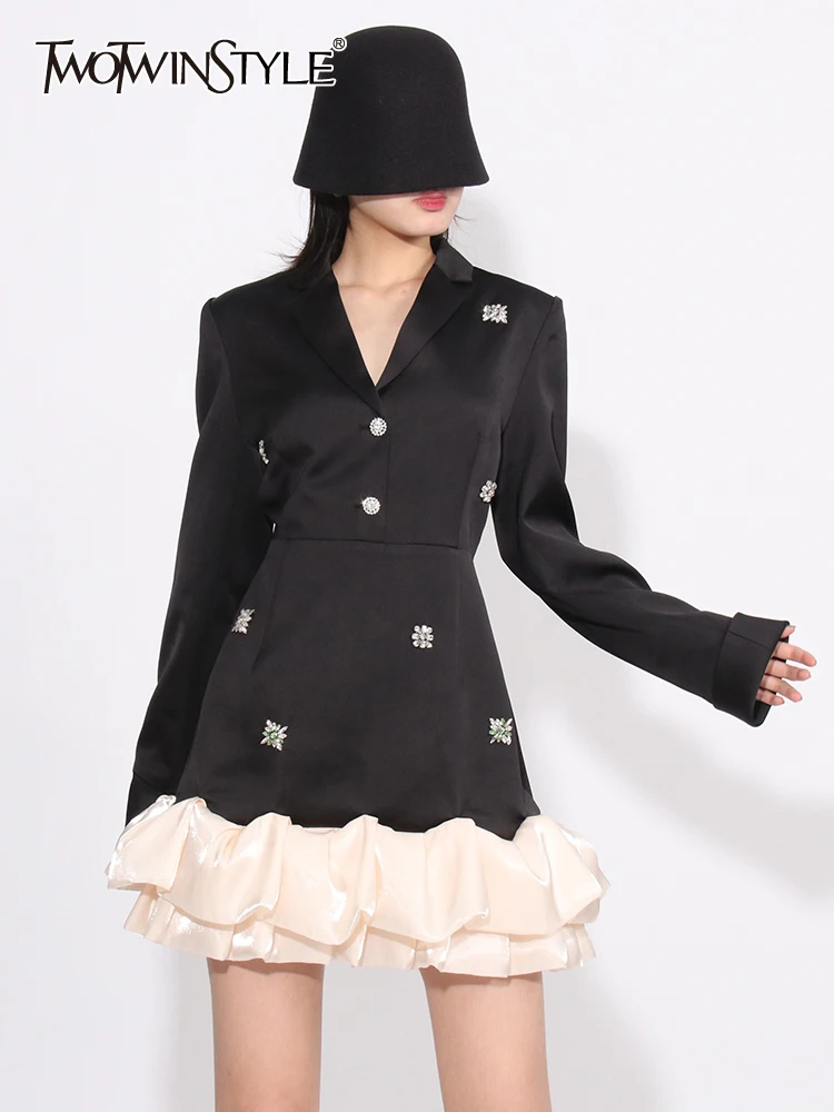 

TWOTWINSTYLE Colorblock Patchwork Diamonds Dress For Women Lapel Long Sleeve High Waist Elegant A Line Dresses Female Fashion