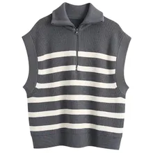 

Maxdutti 2022 New Fashion High Street Vintage Striped Zipper Knitted Vest Women Fashion Winter Sweaters Women Tops Jacket Women