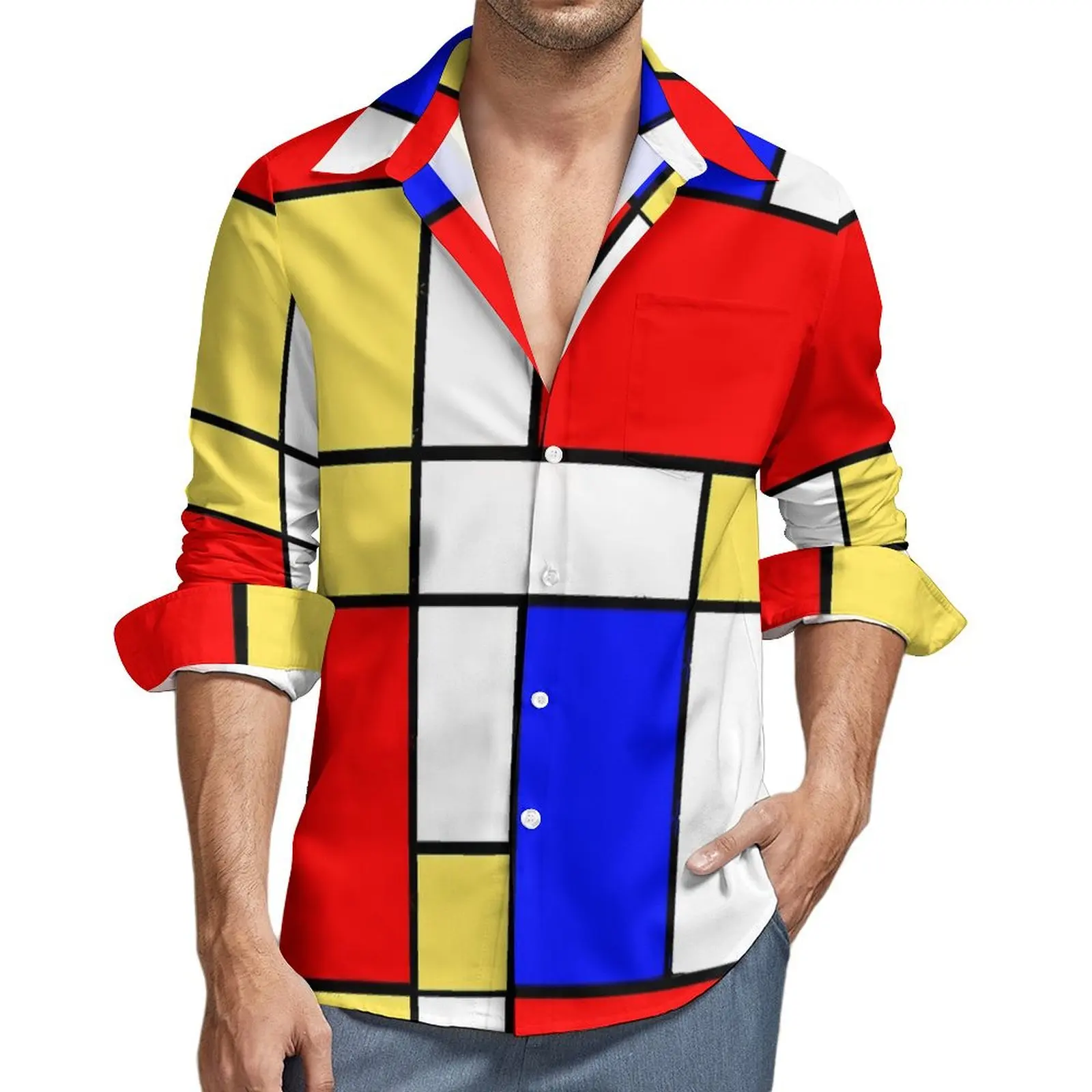 

Мужская рубашка De Stijl, повседневные рубашки с длинным рукавом, модель 60s Mondrian, стильные удобные блузы, осенняя новинка, одежда оверсайз с принтом