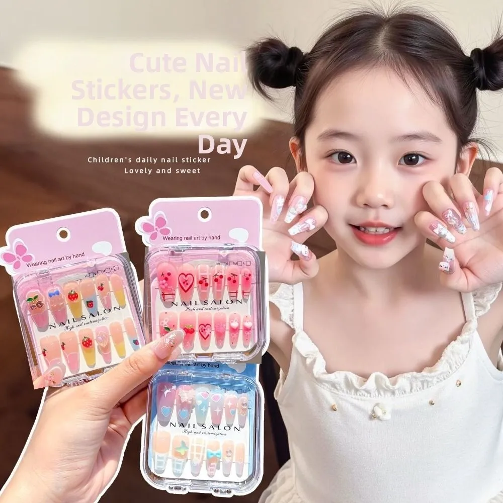 Hot Cartoon Children Wearing Nails Cherry Love Heart Cute Press on Nail Detachable Long Nail Sticker for Girls Students 1