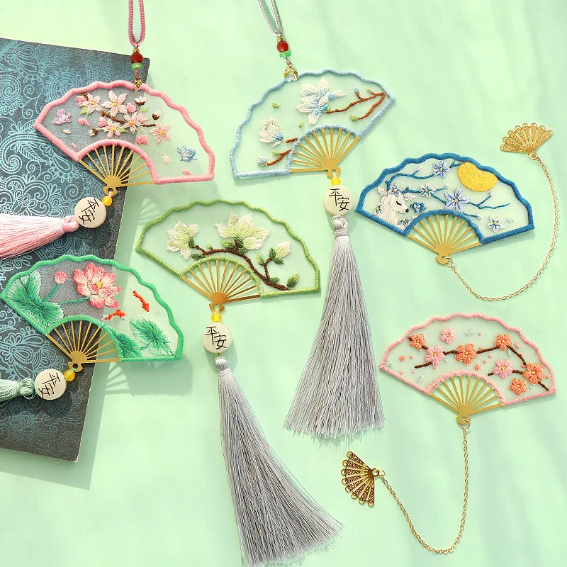 Bookmarks Cross Stitch Tassel Fan Diy Embroidery Needle Minder Kit Threads for Knitting Fabric Needlework Decor Pendant Jewelry embroidery kit