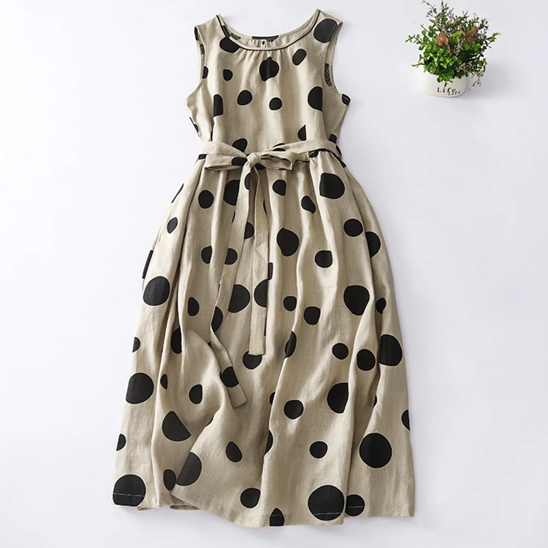 2025 Summer Dress Korean Fashion New Arts Style Women Sleeveless Polka Dot Print All-Matched Casual Cotton Linen Tank Dresses