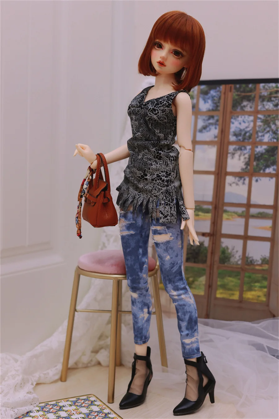 BJD-zapatos de tacón alto de malla para niñas, botines de tacón