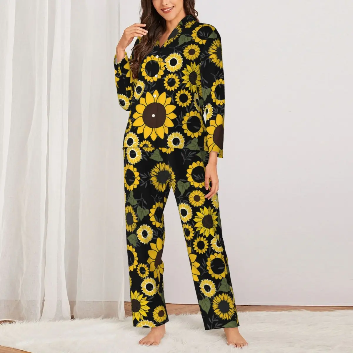 

Пижамный комплект в виде подсолнуха, милые цветы, Женский винтажный домашний комплект из 2 предметов с длинными рукавами, ночное белье большого размера