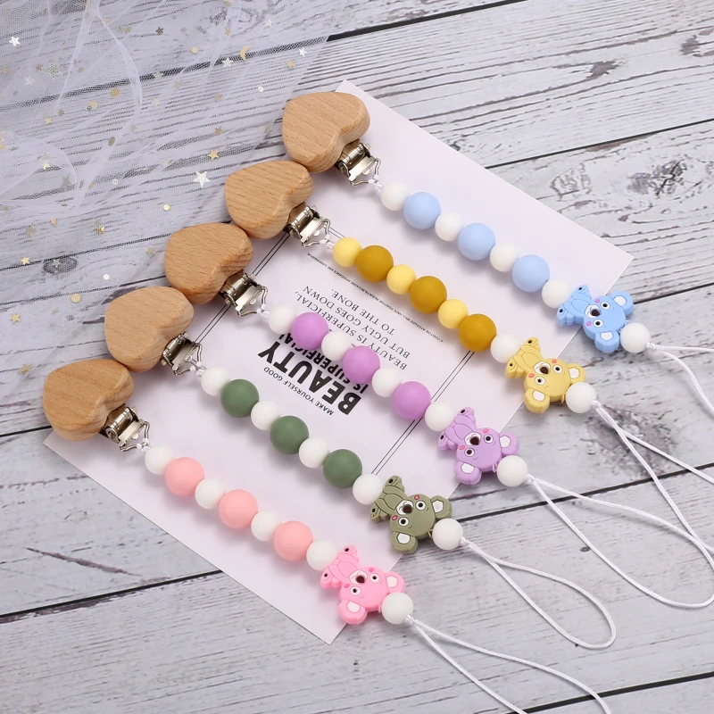 Baby Beech Wood Heart Bead Pacifier Clip Cartoon Koala Silicone Beads Pacifier Chain Bracelet Rattle Nursing Teething Toys