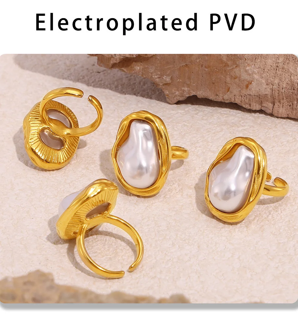 Eleganter Weißer Imitationsperlen Offener Ring Damen Edelstahl PVD Goldplattiert Personalisierter Fingerring Luxus-Schmuck – Detail 8