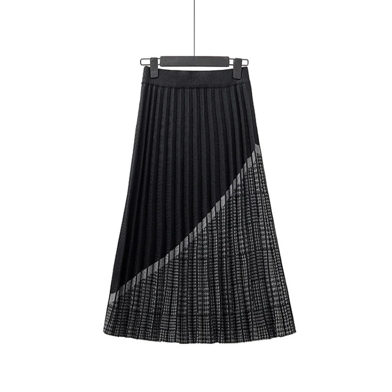 Houndstooth Knitted Mid-Length Pleated A- line High Waist All-Matching Umbrella Skirt Wholesale