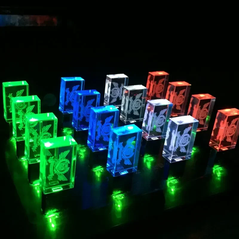 나무 뚜껑 USB 플래시 드라이브 LED 조명 크리스탈 펜 드라이브 128GB 64GB 32GB 무료 맞춤 로고 메모리 스틱 U 디스크 16GB 8GB 4GB