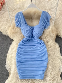 Blue/Khaki/White Sexy Draped Bodycon Dress Women Elegant Square Collar Short Sleeve High Waist Mini Vestidos Party Robe 2021 New 1