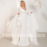 New Wedding Dresses Plus Size Simple Bride Gown Puff Sleeves V Neck Pleat Slit Sweep Train Vestidos De Novia Beach Bridal Dress 1