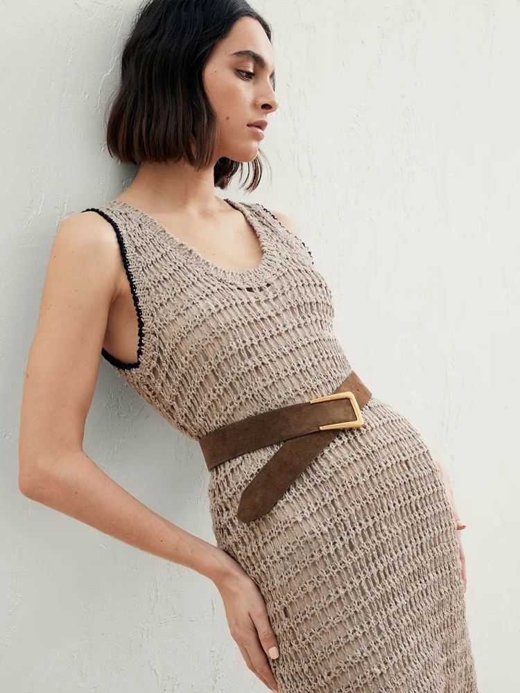 

Summer New Sexy Hollow Out Women's Knitting Dress Sleeveless Long Dresses Female B*C Ladies Linen One-piece Skirt High Quality