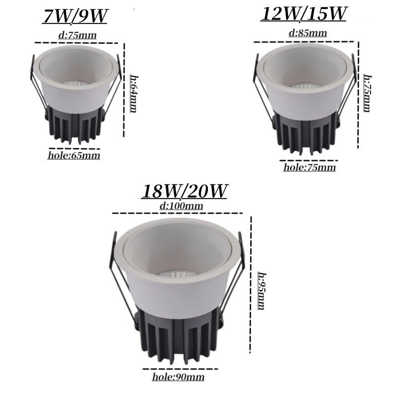 Dimmable Led Downlight Recessed Ceiling Lamp Spotlight Aluminum Led COB Light 7W10W12W15W18W20W24W AC110V 220V Home Office Store