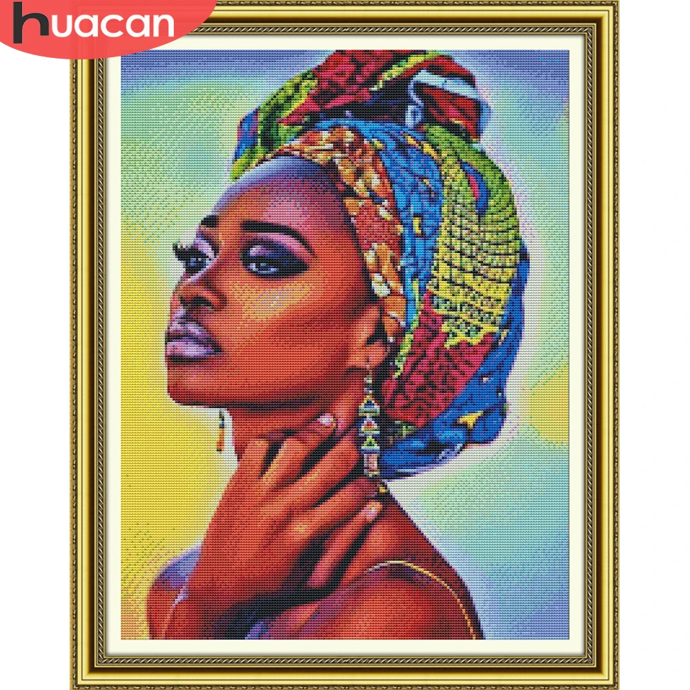 Huacan African Woman Cross Stitch Diy Handmade Embroidery Portrait Kits