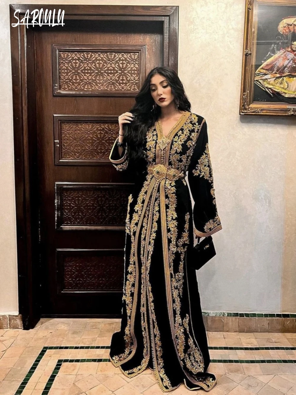 Moroccan A-line Evening Dresses Party Kaftan Beaded Sequins Dress Luxury Appliques V-neck Plus Size Gown Robe De Mariée fivsole new arrival moroccan kaftan 2021 gold appliques evening dress custom vestido de renda groom mother formal party dress