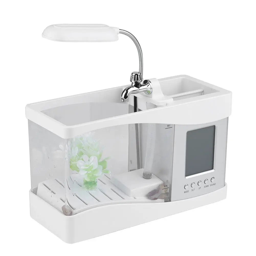 USB Rechargeable Mini Desktop Aquarium with LED Light LCD Display & Clock Multifunctional Fish Tank Supplies