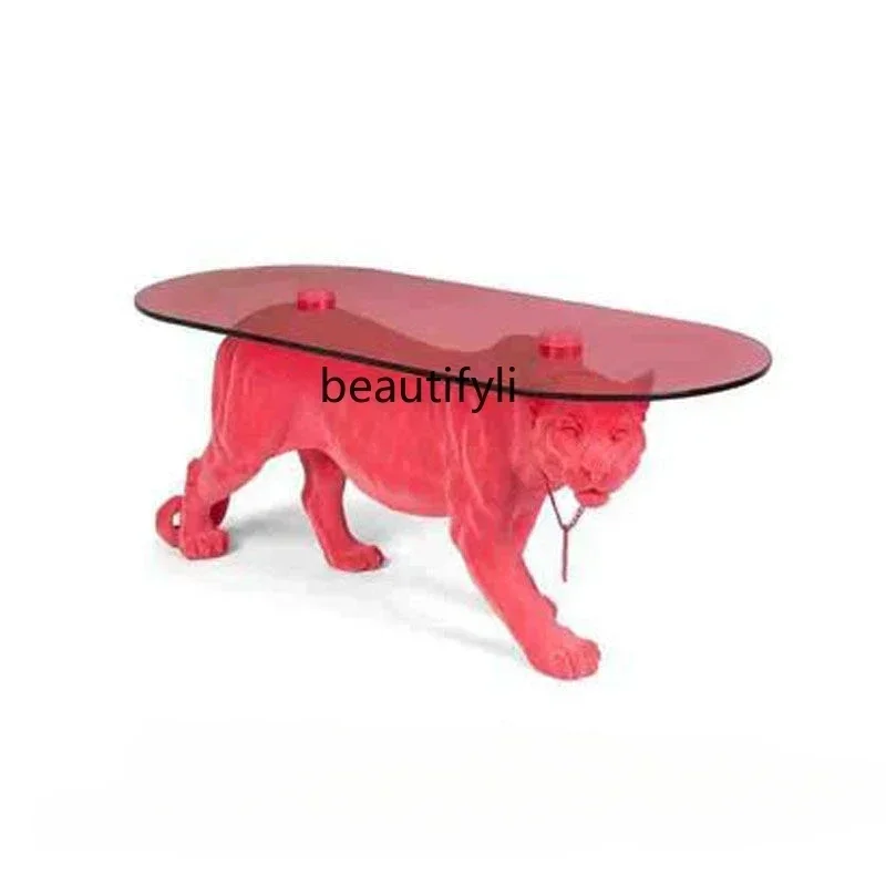 

Modern Simple and Light Luxury FRP Animal Tea Table Pink Leopard Tempered Glass Tea Table