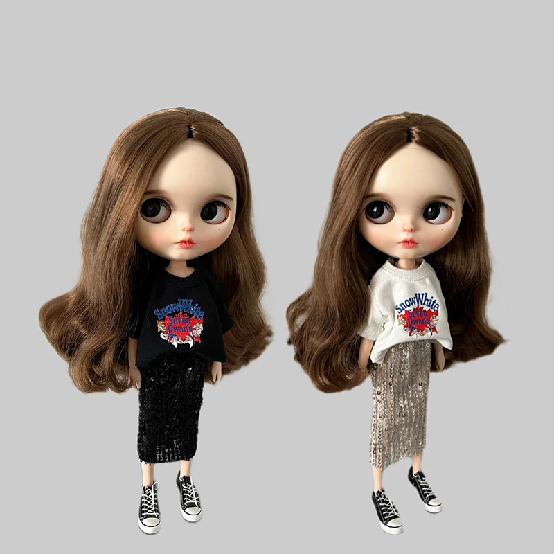 DLBell Fashion O-Neck T-shirt Tops and Shiny Long Skirt for Blythe Barbie OB24 Pullip Doll Outfits Gifts dlbell round neck tight shirts crop tops short sleeve t shirt and wide leg jeans streetwear for blythe azone ob24 doll clothes